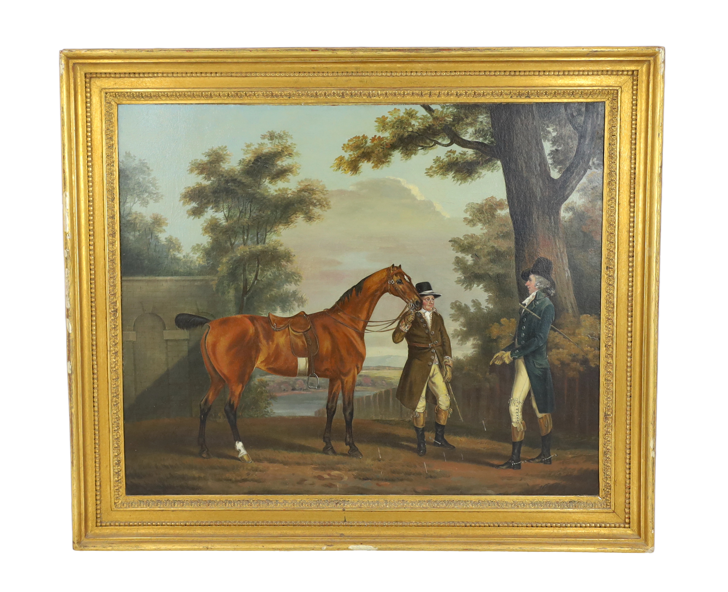 Manner of Thomas Stringer (English, 1722-1790), A gentleman, groom and chestnut horse in a landscape, oil on canvas, 49 x 60cm